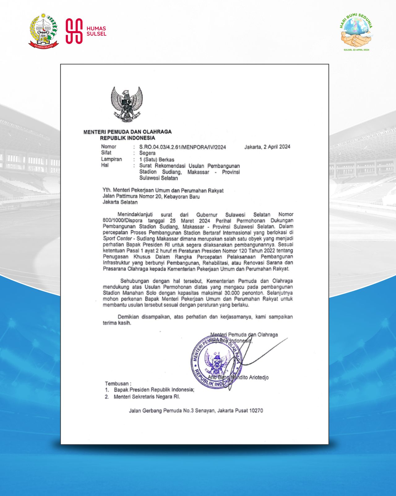Sudiang Stadium, Kemenpora Rekomendasikan Seperti Stadion Manahan Solo