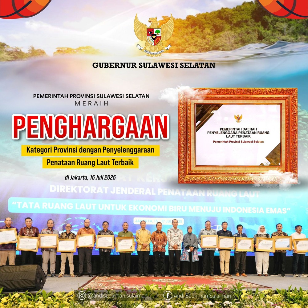 Tata Ruang Laut Sulsel Diakui Nasional, Gubernur Andi Sudirman Terima Penghargaan dari Menteri KKP