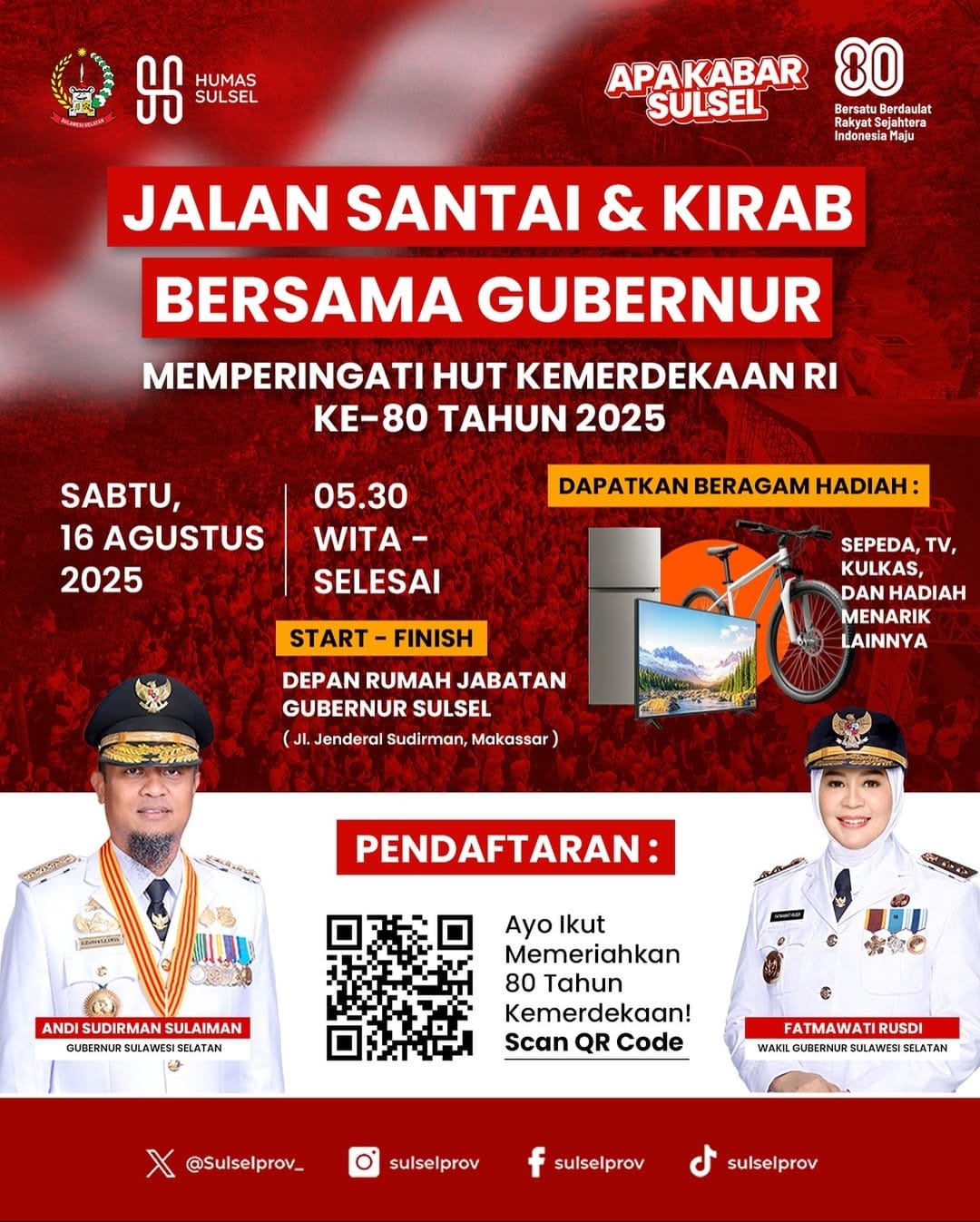 16 Agustus Pagi, Pemprov Sulsel Gelar Jalan Santai dan Kirab Bersama Gubernur dalam Rangka HUT RI ke-80