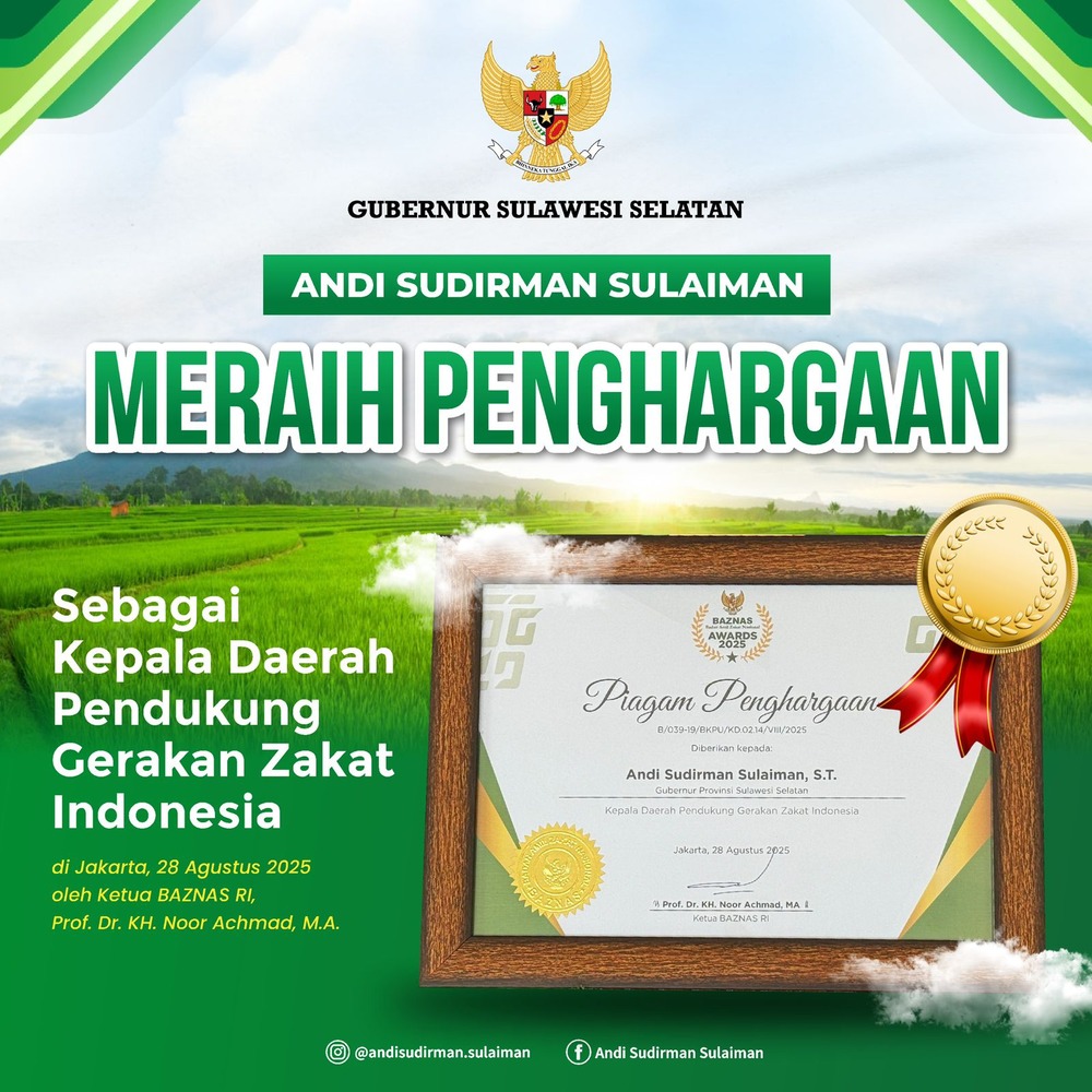 Dorong Budaya Zakat, Gubernur Sulsel Andi Sudirman Raih Baznas Awards 2025