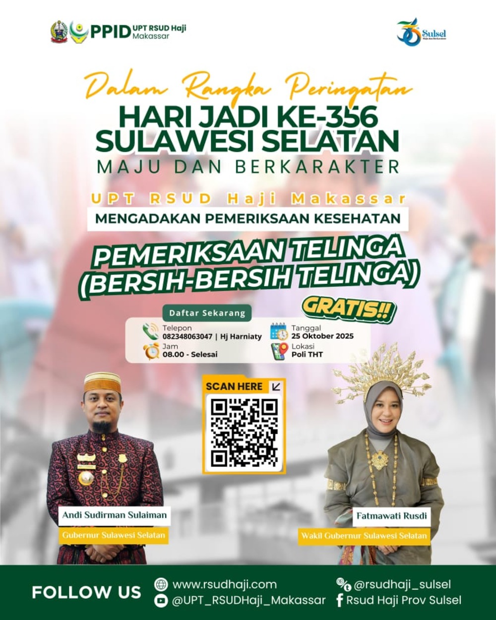 Gratis! Pemeriksaan Telinga di RSUD Haji Makassar, Dalam Rangka Hari Jadi ke-356 Sulawesi Selatan