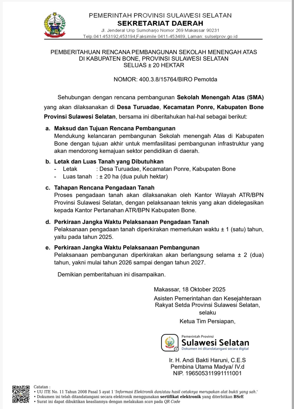 Pemprov Sulsel Siapkan Pembangunan SMA Baru di Kabupaten Bone