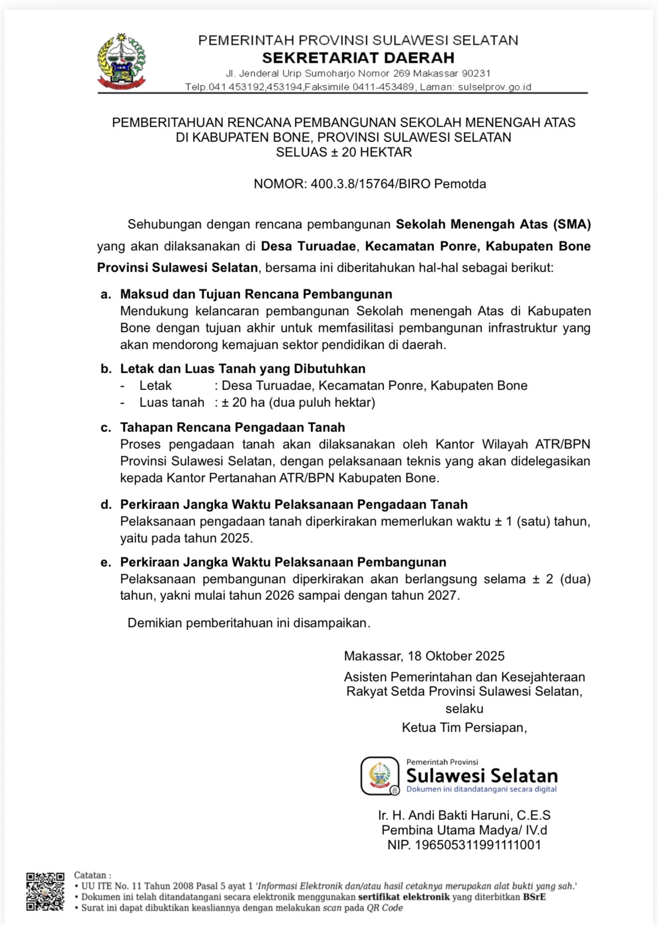 Pemberitahuan Rencana Pembangunan Sekolah Menengah Atas di Kabupaten Bone, Provinsi Sulawesi Selatan