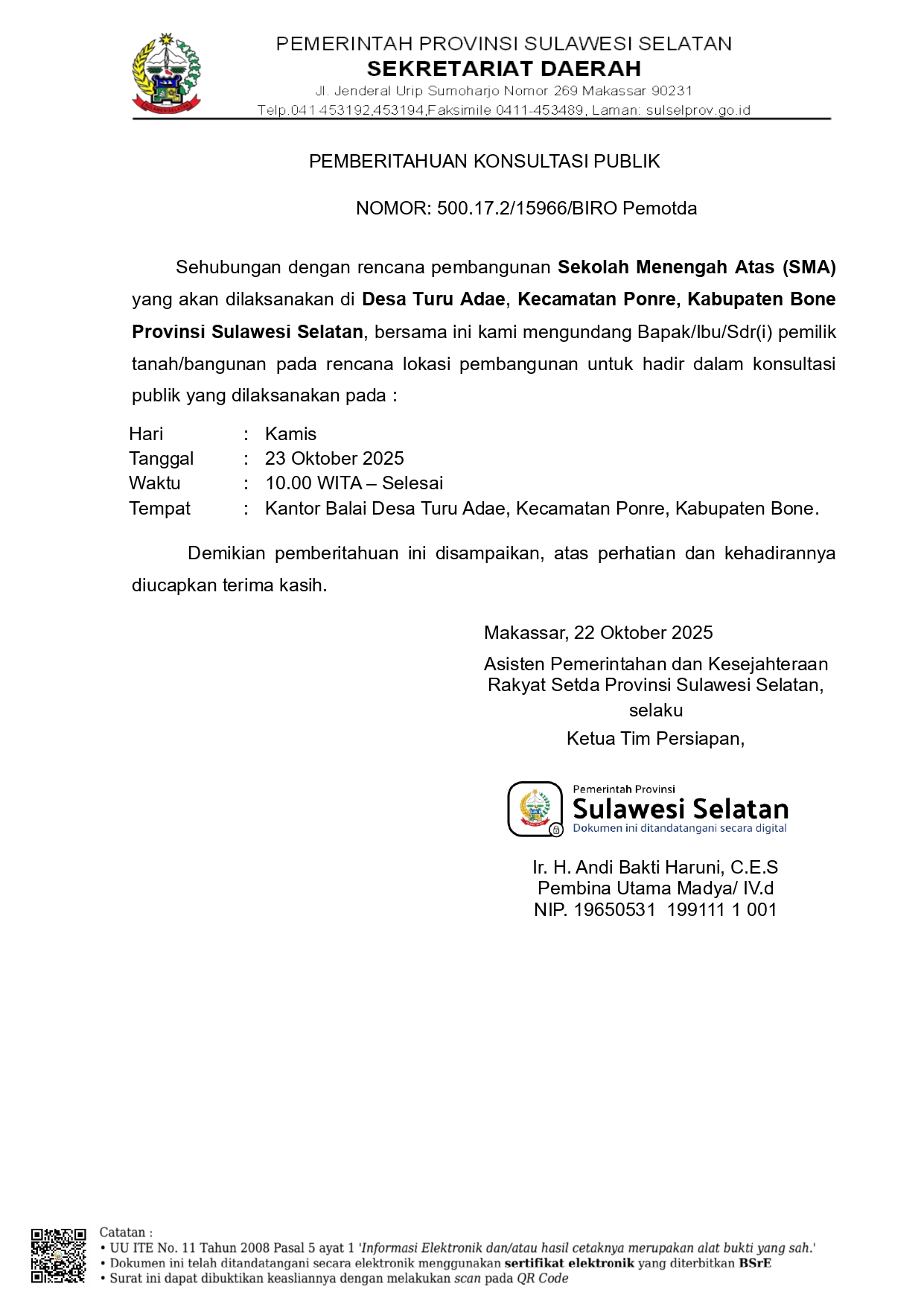 Pemprov Sulsel Gelar Konsultasi Publik Rencana Pembangunan SMA di Desa Turu Adae, Bone