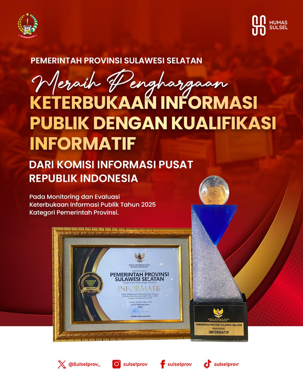 Di Bawah Kepemimpinan Andi Sudirman Sulaiman, Pemprov Sulsel Raih Predikat Informatif dari Monev KI Pusat