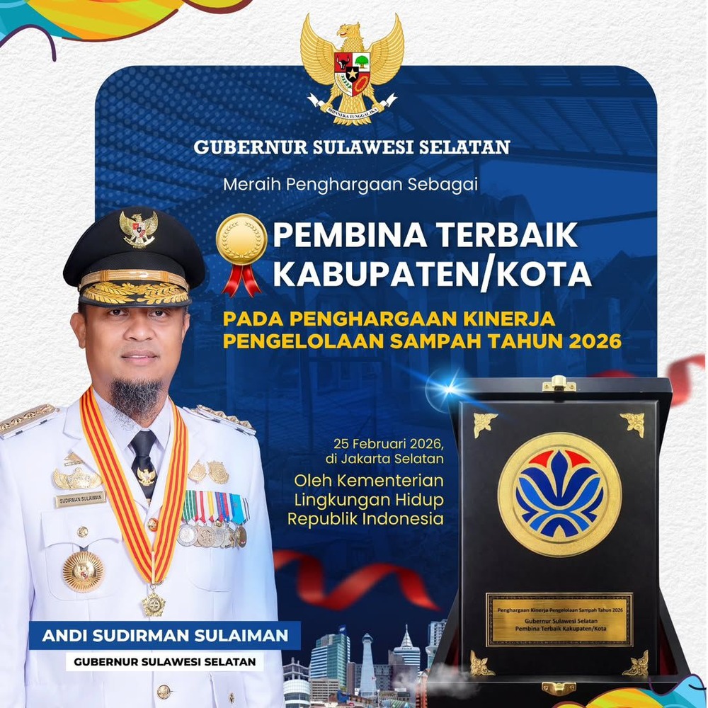 Gubernur Sulsel Terima Penghargaan Pembina Terbaik Pengelolaan Sampah 2026