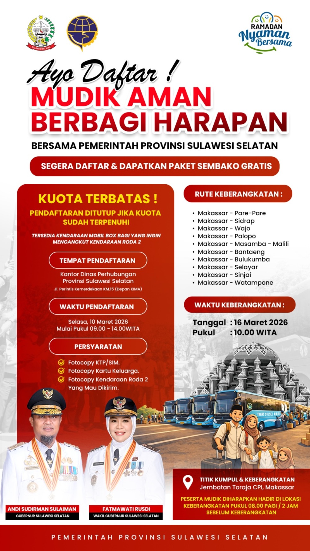 Pemprov Sulsel Buka Pendaftaran Program “Mudik Aman Berbagi Harapan”, Sediakan Bus Gratis dan Paket Sembako