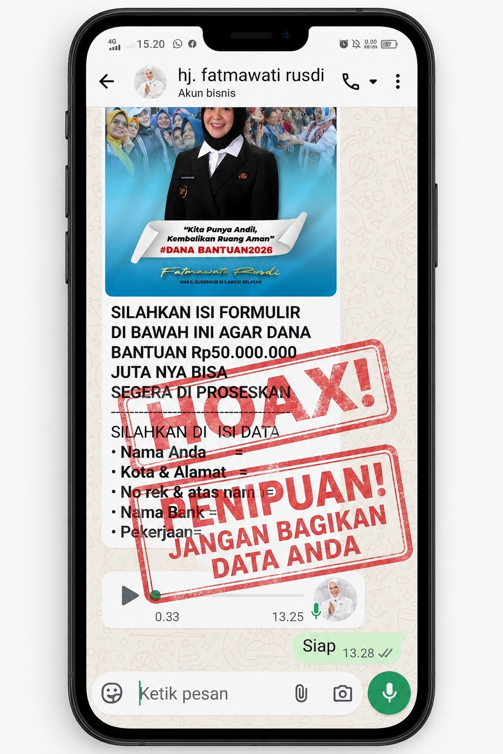 Waspada! Penipu Catut Nama Wagub Sulsel Lewat WhatsApp