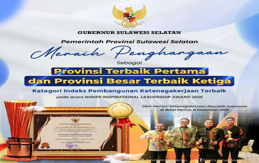Sulsel Raih Provinsi Terbaik Pertama di Indeks Pembangunan Ketenagakerjaan 2025